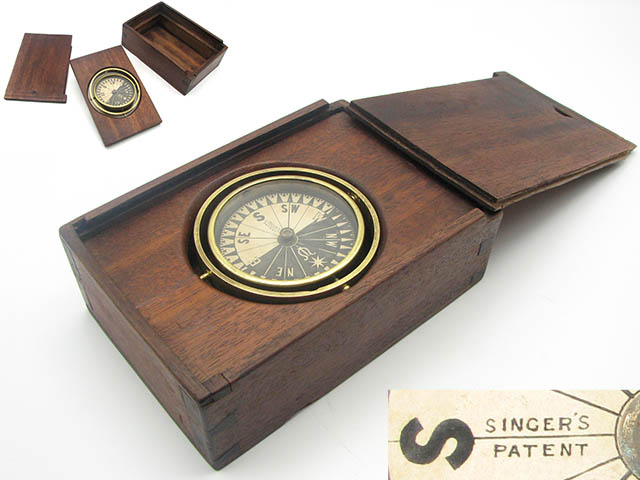 19th century Singer’s Patent gimbal mounted compass in mahogany case